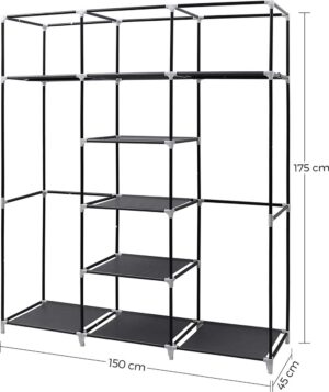 Kleiderschrank - Klappbar - Kleiderschrank aus Stoff - Schlafzimmer - Klappbarer Kleiderschrank - 2 Kleiderstangen Kleiderschrank aus Stoff - 175x50x45cm - Schwarz - RYG12B