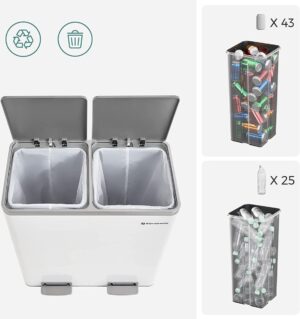 Soph & Tess Mülltrenner - Mülleimer 60L (2x 30L) - Treteimer - 59 x 65 x 32 cm - Weiß