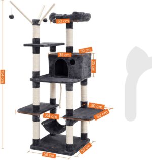 Katzenkratzbaum für Katzen - Kletterstange - Sisal - Katzentoilette XXL Extra Large 154 cm - Aussichtsplattform - Hängematte und Grotte - Rauchgrau - PCT86G