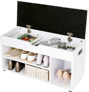 Soof & Tess Schoenbank met zitkussen - Schoenenrek - Opbergruimte onder de zitting - gangmeubels - 3 vakken - Schoenenkast - 150 kg draagvermogen - 80 x 30 x 44 cm