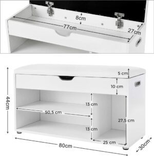 Soof & Tess Schoenbank met zitkussen - Schoenenrek - Opbergruimte onder de zitting - gangmeubels - 3 vakken - Schoenenkast - 150 kg draagvermogen - 80 x 30 x 44 cm