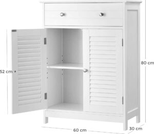 VASAGLE Badezimmerschrank, Badezimmerschrank, 60 x 30 x 80 cm, Stauraumschrank mit 2 Paneeltüren, Schublade, verstellbarer Einlegeboden, skandinavischer Stil, mattweiß BBC51WT