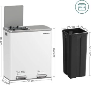 Soph & Tess Mülltrenner - Mülleimer 60L (2x 30L) - Treteimer - 59 x 65 x 32 cm - Weiß