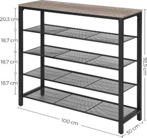 Schuhregal - Schuhbank mit 4 Lagen - Schuhregal Metall und Holz - Für den Eingangsbereich - Schuhe - Großes Schuhregal 16 - 20 Schuhe - Metall - Schwarz / Grau - LBS015B02