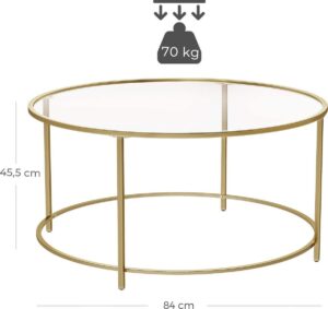 Couchtisch rund - Glastisch mit goldenem Stahlgestell -84 x 84 x 45,5 - Wohnzimmertisch, Sofatisch, robustes Hartglas, stabil, dekorativ, gold