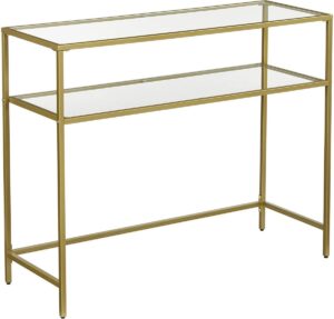 Nancy's Goldfield Konsolentisch - Beistelltisch - 2 Ebenen - Gehärtetes Glas - Metallrahmen - Verstellbare Beine - Gold - 100 x 35 x 80 cm