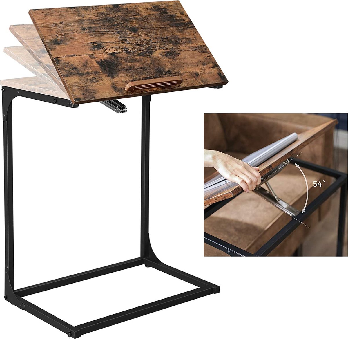 Beistelltisch, Laptoptisch mit verstellbarer Oberfläche, 55 x 35 x 66 cm, Sofatisch, Schreibtisch, Schlafzimmer, Wohnzimmer, einfache Konstruktion, Stahlgestell, Industriestil, vintage braun-schwarz LNT057B01 4 Beistelltisch, Laptoptisch mit verstellbarer Oberfläche, 55 x 35 x 66 cm, Sofatisch, Schreibtisch, Schlafzimmer, Wohnzimmer, einfache Konstruktion, Stahlgestell, Industriestil, vintage braun-schwarz LNT057B01