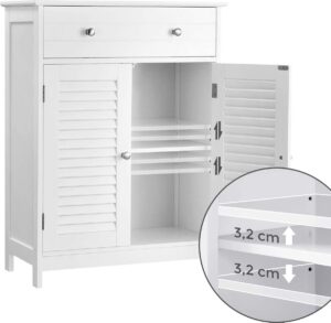 VASAGLE Badezimmerschrank, Badezimmerschrank, 60 x 30 x 80 cm, Stauraumschrank mit 2 Paneeltüren, Schublade, verstellbarer Einlegeboden, skandinavischer Stil, mattweiß BBC51WT