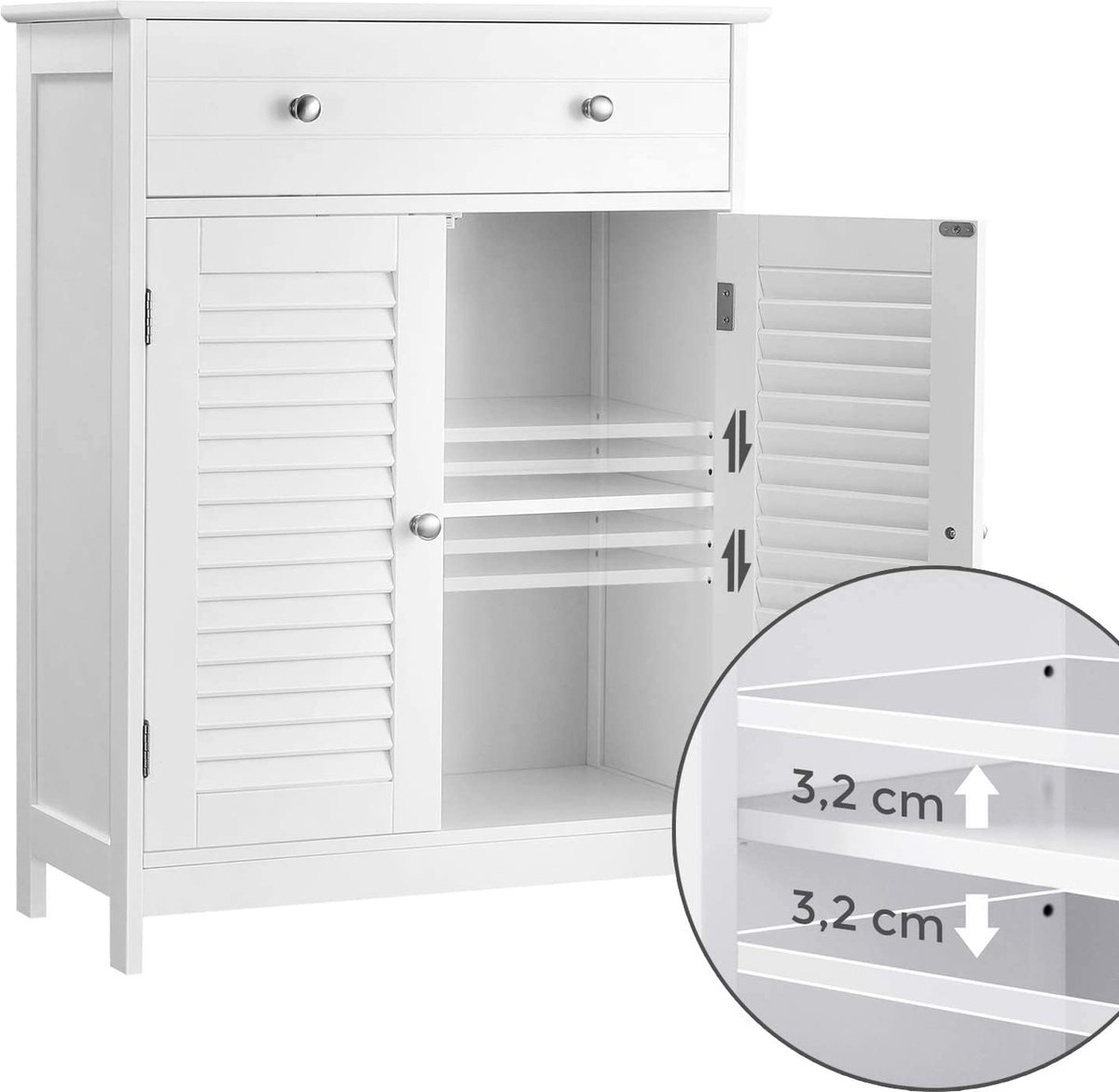 VASAGLE Badezimmerschrank, Badezimmerschrank, 60 x 30 x 80 cm, Stauraumschrank mit 2 Paneeltüren, Schublade, verstellbarer Einlegeboden, skandinavischer Stil, mattweiß BBC51WT 4 VASAGLE Badezimmerschrank, Badezimmerschrank, 60 x 30 x 80 cm, Stauraumschrank mit 2 Paneeltüren, Schublade, verstellbarer Einlegeboden, skandinavischer Stil, mattweiß BBC51WT