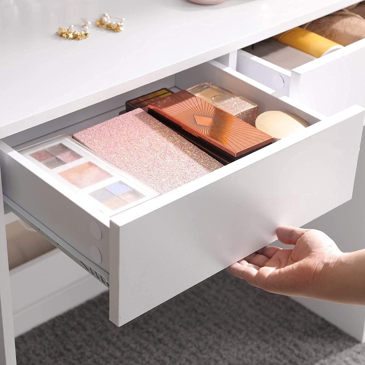 Casabella – Schminktisch mit rechteckigem Spiegel und 2 Schubladen, Kosmetiktisch mit 3 offenen Fächern, Schminktisch, für Make-up, modern, weiß RDT113W01 5 Casabella - Schminktisch mit rechteckigem Spiegel und 2 Schubladen, Kosmetiktisch mit 3 offenen Fächern, Schminktisch, für Make-up, modern, weiß RDT113W01