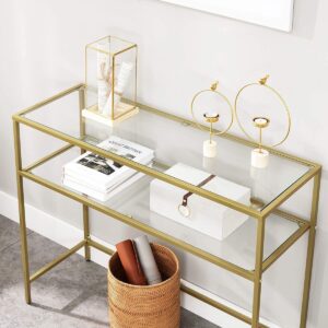 Nancy's Goldfield Konsolentisch - Beistelltisch - 2 Ebenen - Gehärtetes Glas - Metallrahmen - Verstellbare Beine - Gold - 100 x 35 x 80 cm