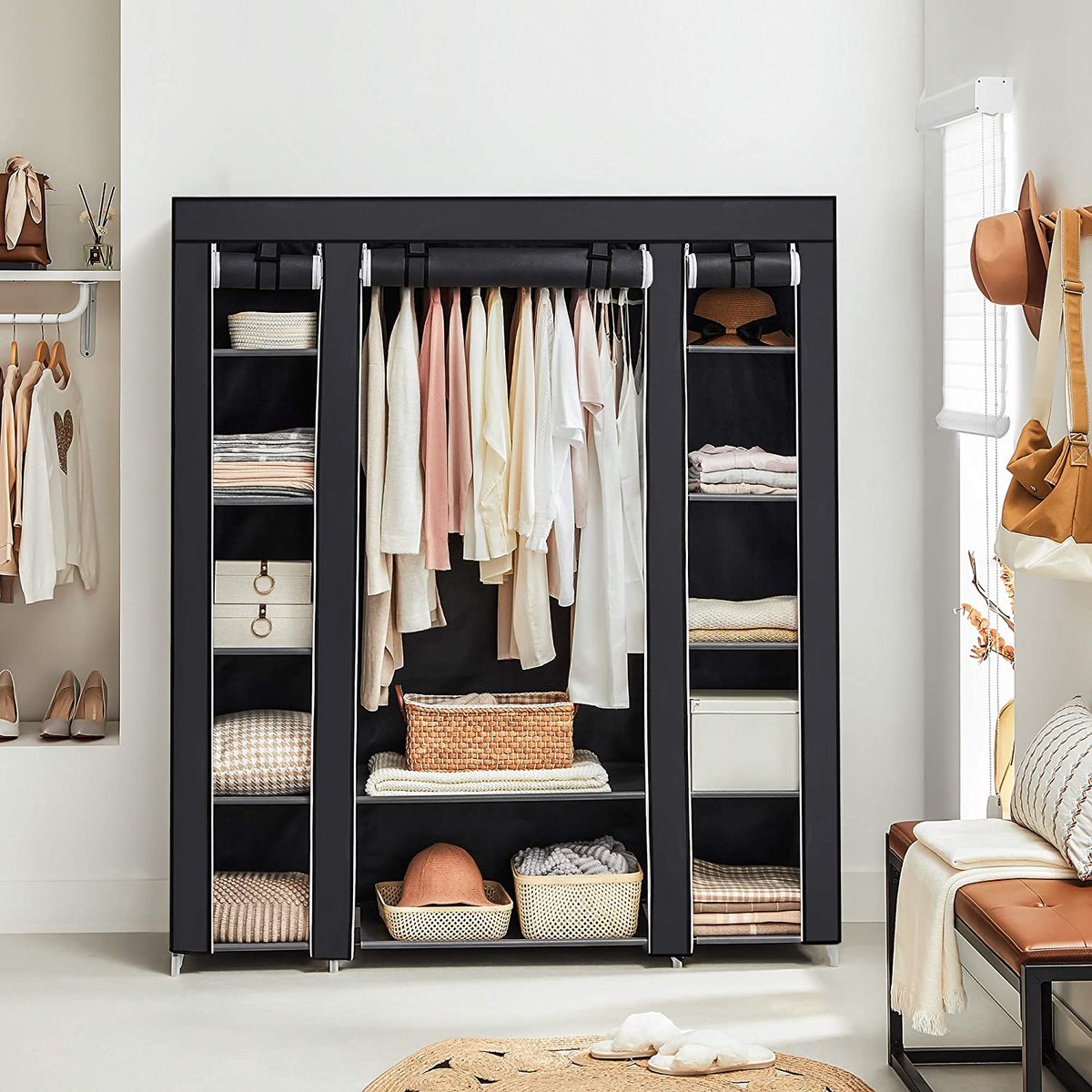 SONGMICS Kleiderschrank – Kleiderschrank – Klappbarer Kleiderschrank – 6 Einlegeböden – Kleiderstange inklusive – Kleiderschrank mit wasserdichter Abdeckung – Schmaler Aufbewahrungsschrank – Hängt Kleidung bis zu 15 kg auf – 150 x 45 x 175 cm – Schwarz 3 SONGMICS Kleiderschrank - Kleiderschrank - Klappbarer Kleiderschrank - 6 Einlegeböden - Kleiderstange inklusive - Kleiderschrank mit wasserdichter Abdeckung - Schmaler Aufbewahrungsschrank - Hängt Kleidung bis zu 15 kg auf - 150 x 45 x 175 cm - Schwarz
