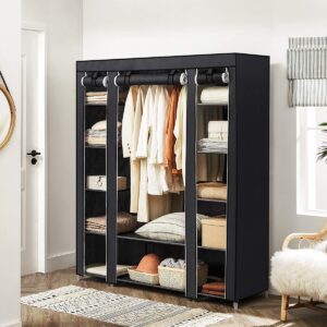 SONGMICS Kleiderschrank - Kleiderschrank - Klappbarer Kleiderschrank - 6 Einlegeböden - Kleiderstange inklusive - Kleiderschrank mit wasserdichter Abdeckung - Schmaler Aufbewahrungsschrank - Hängt Kleidung bis zu 15 kg auf - 150 x 45 x 175 cm - Schwarz