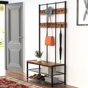XL Stehgarderobe mit Kleiderständer aus Holz und Metall - Stehgarderobe mit Bank und Schuhregal - 12 Haken - 100x40x186cm - Schwarz / Braun