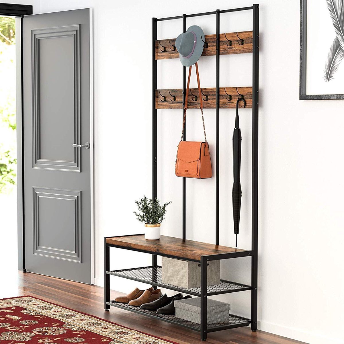 XL Stehgarderobe mit Kleiderständer aus Holz und Metall – Stehgarderobe mit Bank und Schuhregal – 12 Haken – 100x40x186cm – Schwarz / Braun 2 XL Stehgarderobe mit Kleiderständer aus Holz und Metall - Stehgarderobe mit Bank und Schuhregal - 12 Haken - 100x40x186cm - Schwarz / Braun