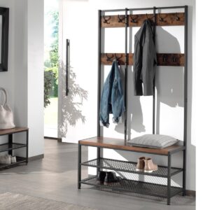 XL Stehgarderobe mit Kleiderständer aus Holz und Metall - Stehgarderobe mit Bank und Schuhregal - 12 Haken - 100x40x186cm - Schwarz / Braun