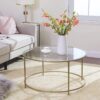 Couchtisch rund - Glastisch mit goldenem Stahlgestell -84 x 84 x 45,5 - Wohnzimmertisch, Sofatisch, robustes Hartglas, stabil, dekorativ, gold