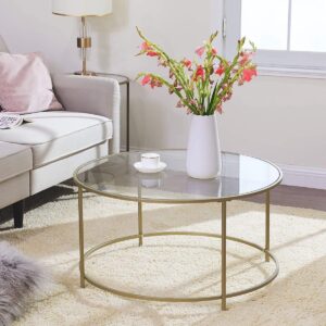 Couchtisch rund - Glastisch mit goldenem Stahlgestell -84 x 84 x 45,5 - Wohnzimmertisch, Sofatisch, robustes Hartglas, stabil, dekorativ, gold