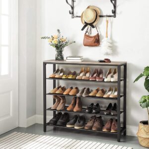 Schuhregal - Schuhbank mit 4 Lagen - Schuhregal Metall und Holz - Für den Eingangsbereich - Schuhe - Großes Schuhregal 16 - 20 Schuhe - Metall - Schwarz / Grau - LBS015B02