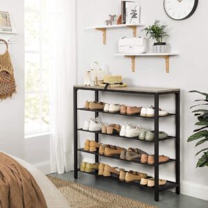 Schuhregal - Schuhbank mit 4 Lagen - Schuhregal Metall und Holz - Für den Eingangsbereich - Schuhe - Großes Schuhregal 16 - 20 Schuhe - Metall - Schwarz / Grau - LBS015B02
