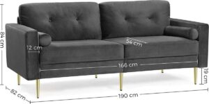 Soof & Tess 3-Sitzer Sofa - modern - Wohnzimmersofa - Metallrahmen - Holzbeine - grau - 190 x 82 x 84