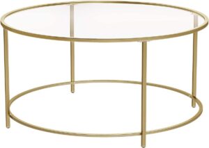 Couchtisch rund - Glastisch mit goldenem Stahlgestell -84 x 84 x 45,5 - Wohnzimmertisch, Sofatisch, robustes Hartglas, stabil, dekorativ, gold