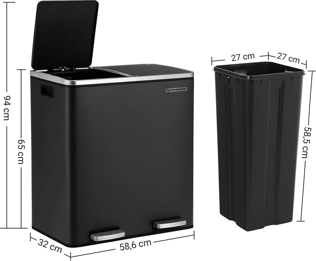 Abfalleimer – Abfalleimer mit 2 Fächern – Papierkorb – 2×30 L – Schwarz 3 Abfalleimer - Abfalleimer mit 2 Fächern - Papierkorb - 2x30 L - Schwarz