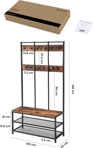 XL Stehgarderobe mit Kleiderständer aus Holz und Metall - Stehgarderobe mit Bank und Schuhregal - 12 Haken - 100x40x186cm - Schwarz / Braun