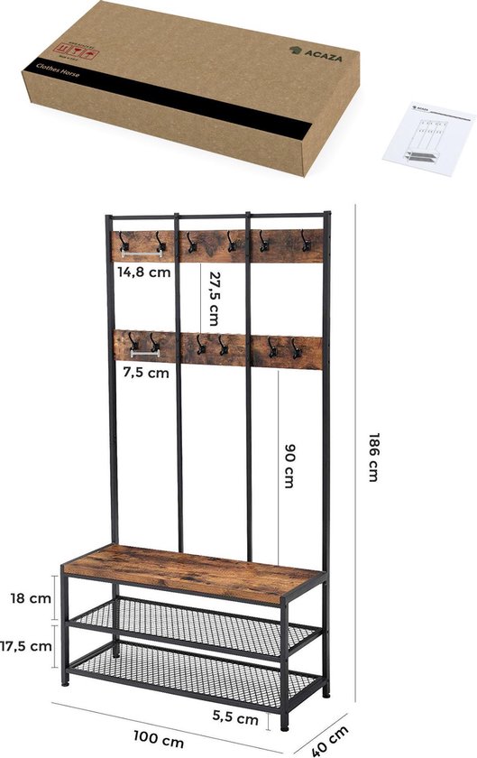 XL Stehgarderobe mit Kleiderständer aus Holz und Metall - Stehgarderobe mit Bank und Schuhregal - 12 Haken - 100x40x186cm - Schwarz / Braun 1 XL Stehgarderobe mit Kleiderständer aus Holz und Metall - Stehgarderobe mit Bank und Schuhregal - 12 Haken - 100x40x186cm - Schwarz / Braun