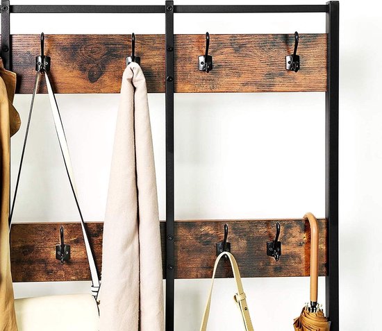 XL Stehgarderobe mit Kleiderständer aus Holz und Metall – Stehgarderobe mit Bank und Schuhregal – 12 Haken – 100x40x186cm – Schwarz / Braun 5 XL Stehgarderobe mit Kleiderständer aus Holz und Metall - Stehgarderobe mit Bank und Schuhregal - 12 Haken - 100x40x186cm - Schwarz / Braun