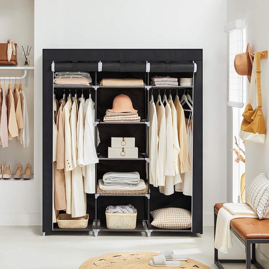 Kleiderschrank – Klappbar – Kleiderschrank aus Stoff – Schlafzimmer – Klappbarer Kleiderschrank – 2 Kleiderstangen Kleiderschrank aus Stoff – 175x50x45cm – Schwarz – RYG12B 5 Kleiderschrank - Klappbar - Kleiderschrank aus Stoff - Schlafzimmer - Klappbarer Kleiderschrank - 2 Kleiderstangen Kleiderschrank aus Stoff - 175x50x45cm - Schwarz - RYG12B
