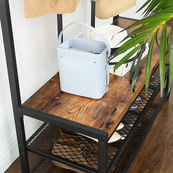 XL Stehgarderobe mit Kleiderständer aus Holz und Metall – Stehgarderobe mit Bank und Schuhregal – 12 Haken – 100x40x186cm – Schwarz / Braun 3 XL Stehgarderobe mit Kleiderständer aus Holz und Metall - Stehgarderobe mit Bank und Schuhregal - 12 Haken - 100x40x186cm - Schwarz / Braun
