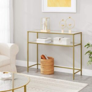 Nancy's Goldfield Konsolentisch - Beistelltisch - 2 Ebenen - Gehärtetes Glas - Metallrahmen - Verstellbare Beine - Gold - 100 x 35 x 80 cm
