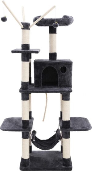 Katzenkratzbaum für Katzen - Kletterstange - Sisal - Katzentoilette XXL Extra Large 154 cm - Aussichtsplattform - Hängematte und Grotte - Rauchgrau - PCT86G