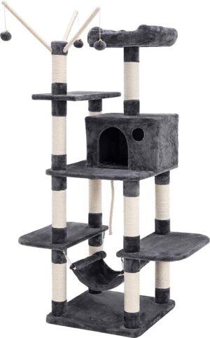 Katzenkratzbaum für Katzen - Kletterstange - Sisal - Katzentoilette XXL Extra Large 154 cm - Aussichtsplattform - Hängematte und Grotte - Rauchgrau - PCT86G
