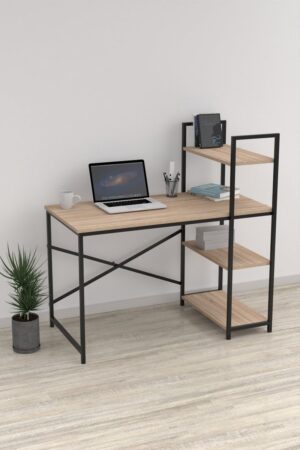 Bureau - Computertafel met planken - Thuiskantoor - Industrieel - Vintage - Bruin/zwart