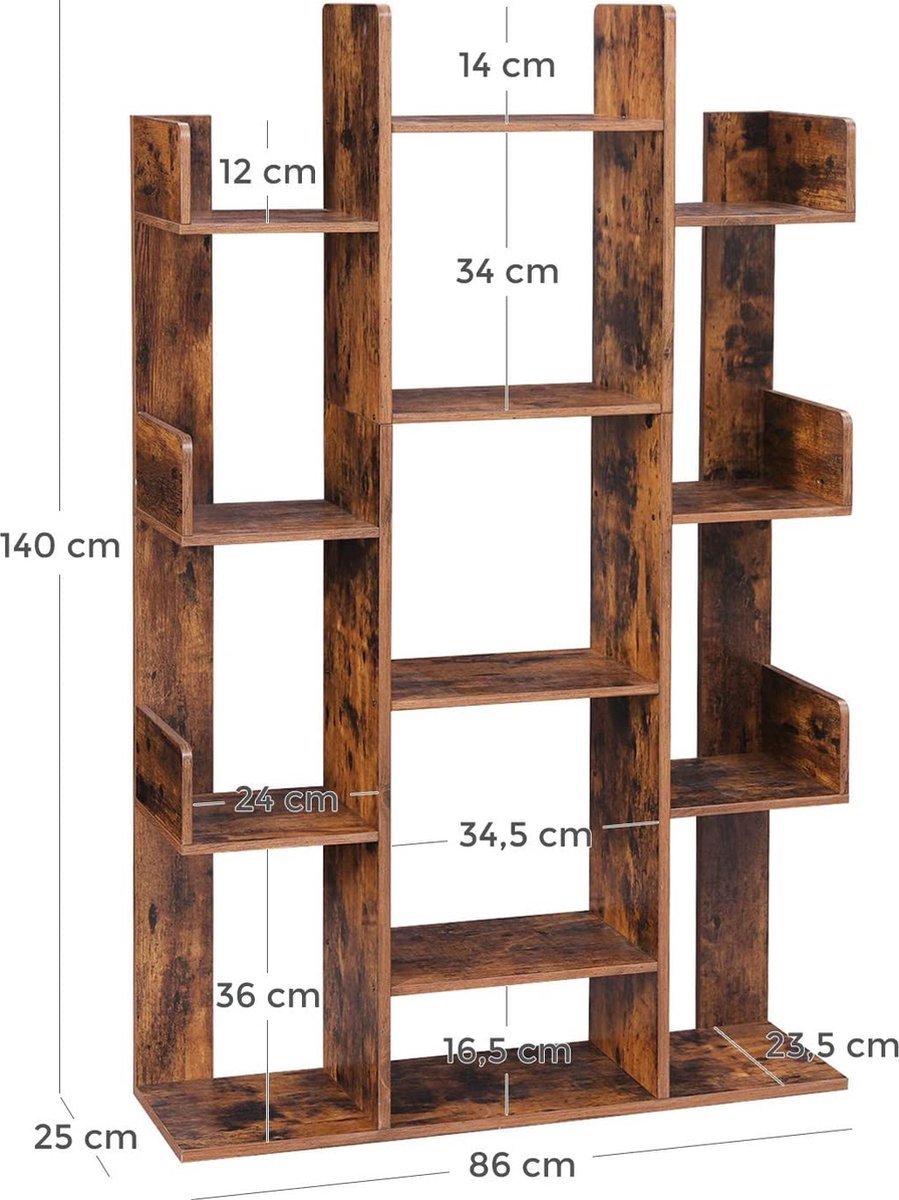 Soof&Tess – Großes Bücherregal mit 13 Fächern – 86 x 25 x 140 cm – Braun – Platz für viele Bücher – Abgeschlossene Kanten 6 Soof&Tess - Großes Bücherregal mit 13 Fächern - 86 x 25 x 140 cm - Braun - Platz für viele Bücher - Abgeschlossene Kanten