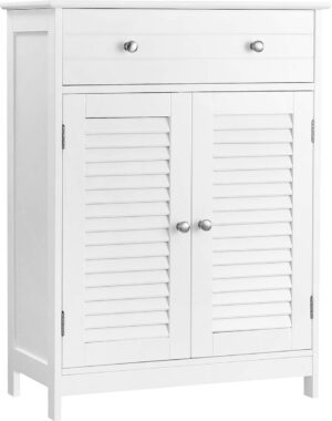 VASAGLE Badezimmerschrank, Badezimmerschrank, 60 x 30 x 80 cm, Stauraumschrank mit 2 Paneeltüren, Schublade, verstellbarer Einlegeboden, skandinavischer Stil, mattweiß BBC51WT