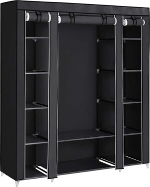 SONGMICS Kleiderschrank - Kleiderschrank - Klappbarer Kleiderschrank - 6 Einlegeböden - Kleiderstange inklusive - Kleiderschrank mit wasserdichter Abdeckung - Schmaler Aufbewahrungsschrank - Hängt Kleidung bis zu 15 kg auf - 150 x 45 x 175 cm - Schwarz